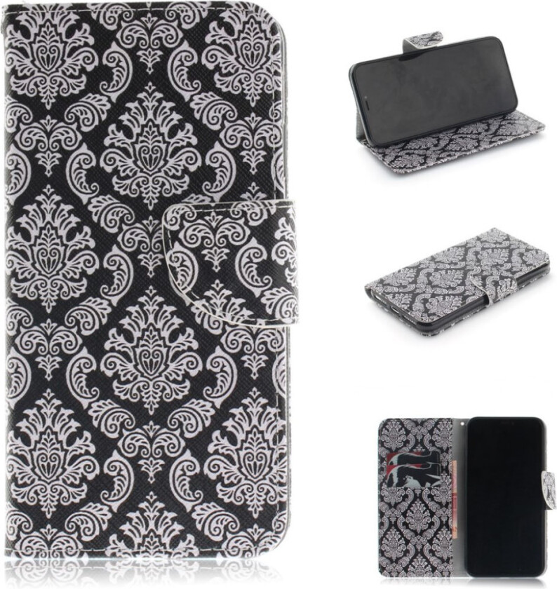 iPhone 9 Plus beskyttelses deksel av syntetisk skinn med printet mønster - damask blomster