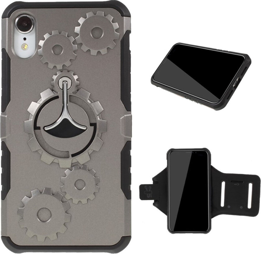 iPhone 9 beskyttelses deksel av hybrid materiale med mekanisk mønster og armbånd - grå