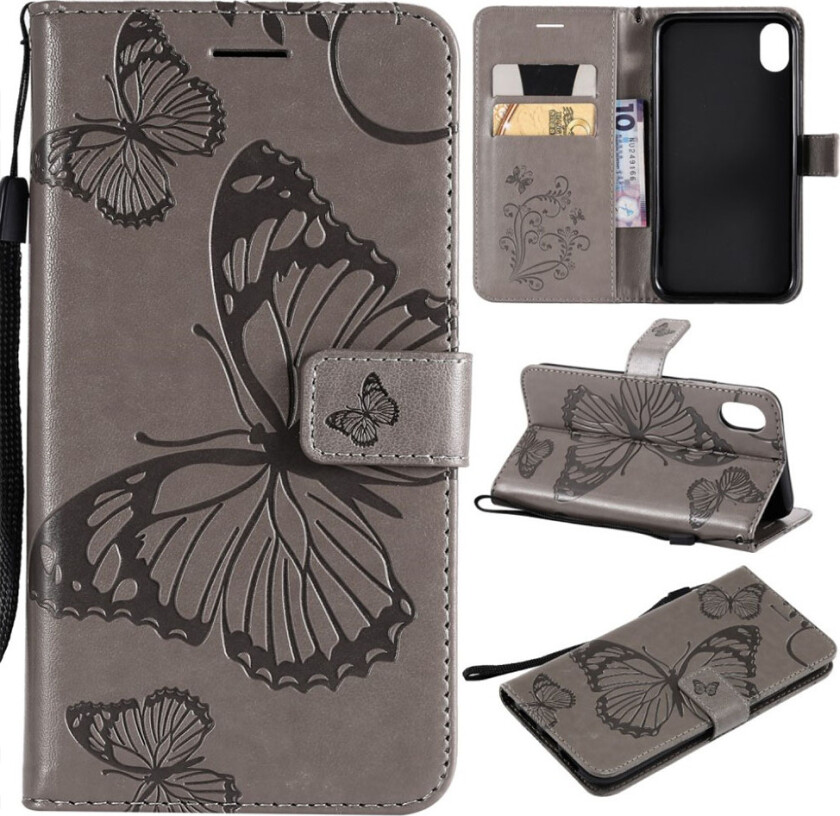 iPhone 9 beskyttelses deksel av syntetisk skinn med sommerfugl avtrykk - grå