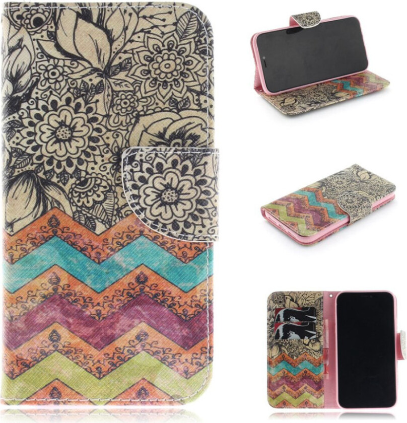 iPhone 9 beskyttelses deksel av syntetisk skinn med printet mønster - retro blomsters