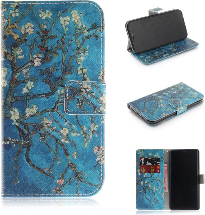 iPhone 9 beskyttelses deksel av syntetisk skinn med printet mønster - tre med blomster