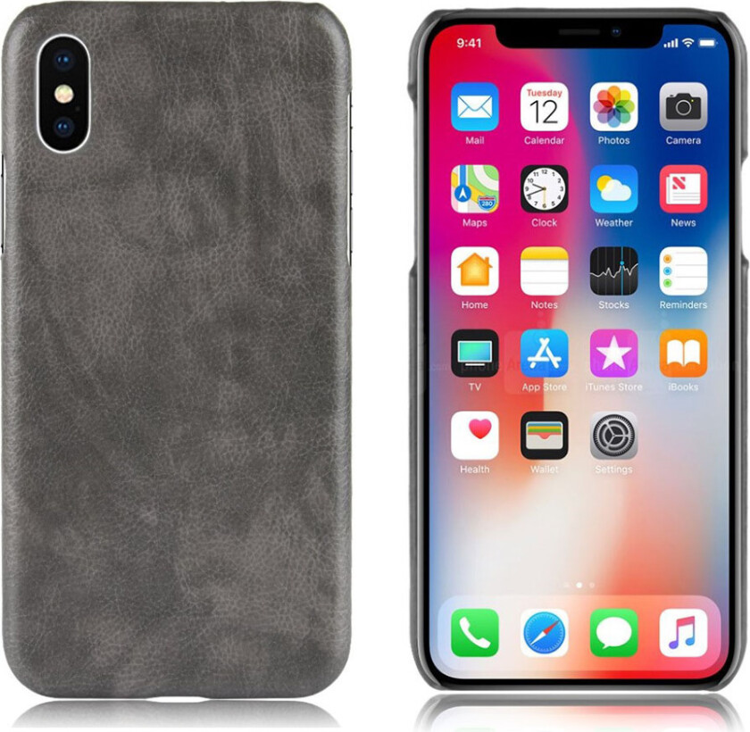 iPhone Xr beskyttelses deksel av hard plastikk dekt med syntetisk skinn med litchi tekstur - grå