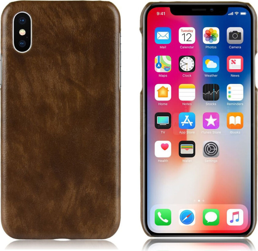 iPhone Xr beskyttelses deksel av hard plastikk dekt med syntetisk skinn med litchi tekstur - kaffe