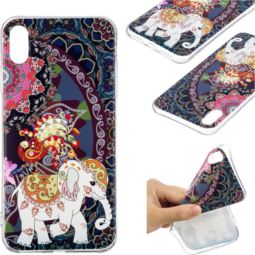 iPhone Xs Max beskyttelses deksel av myk silikon og plastikk med printet mønster - elefant og påfugl