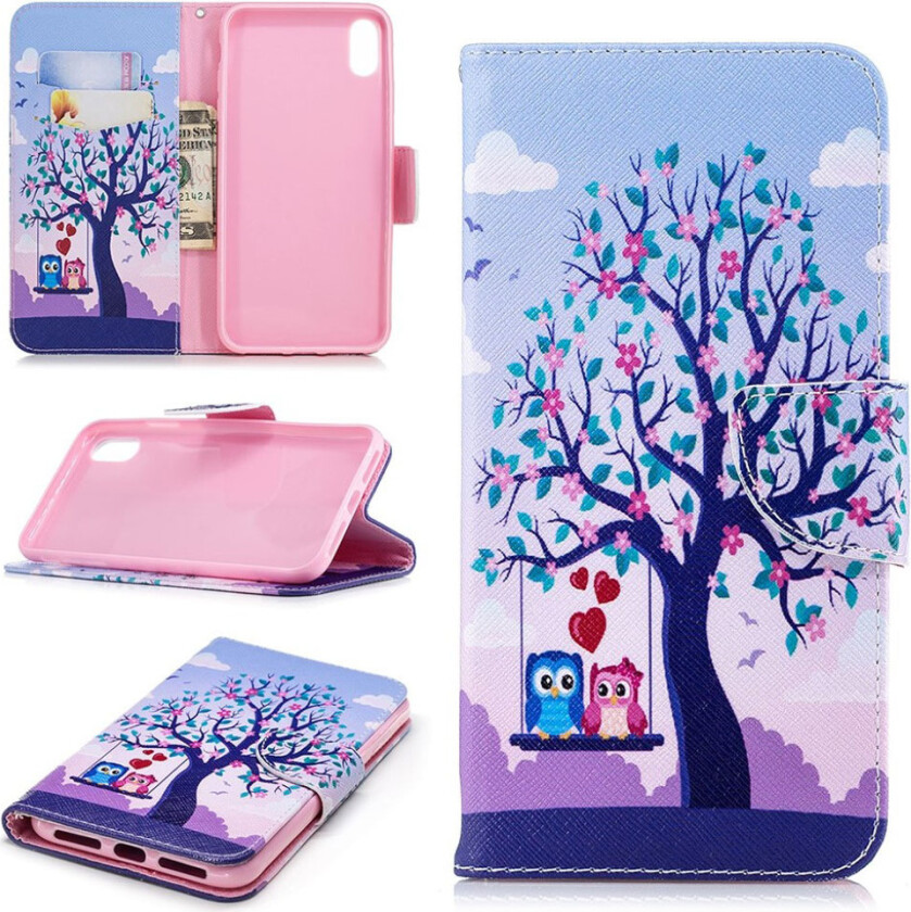 iPhone Xs Max beskyttelses deksel av syntetisk skinn med printet mønster - to svingende ugler