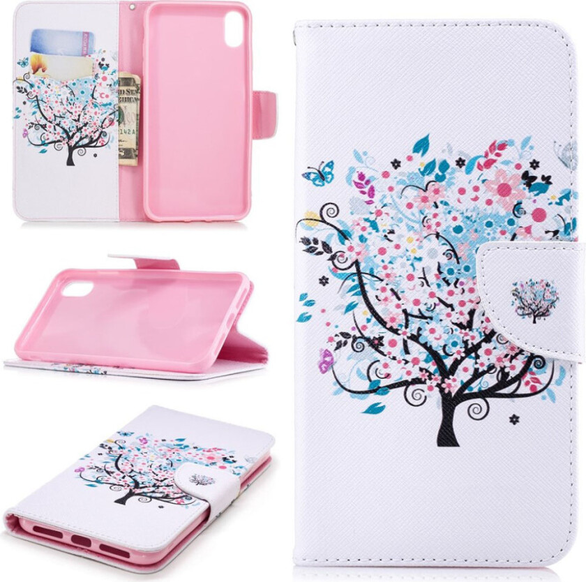 iPhone Xs Max beskyttelses deksel av syntetisk skinn med printet mønster - blomstrende tre