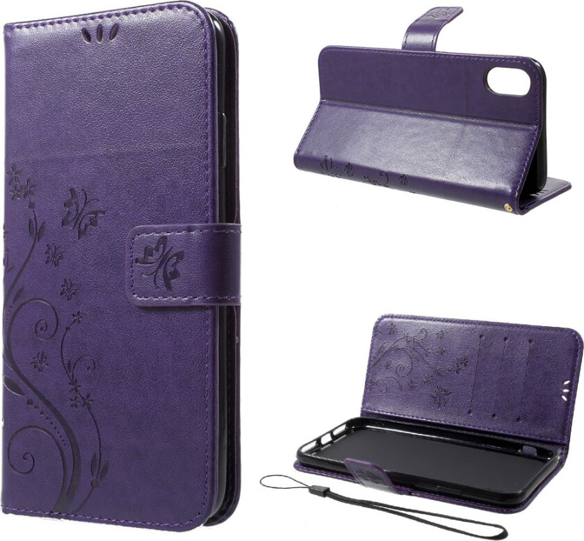 iPhone Xs Max beskyttelses deksel av syntetisk skinn med sommerfugl og blomster avtrykk - mørke lilla