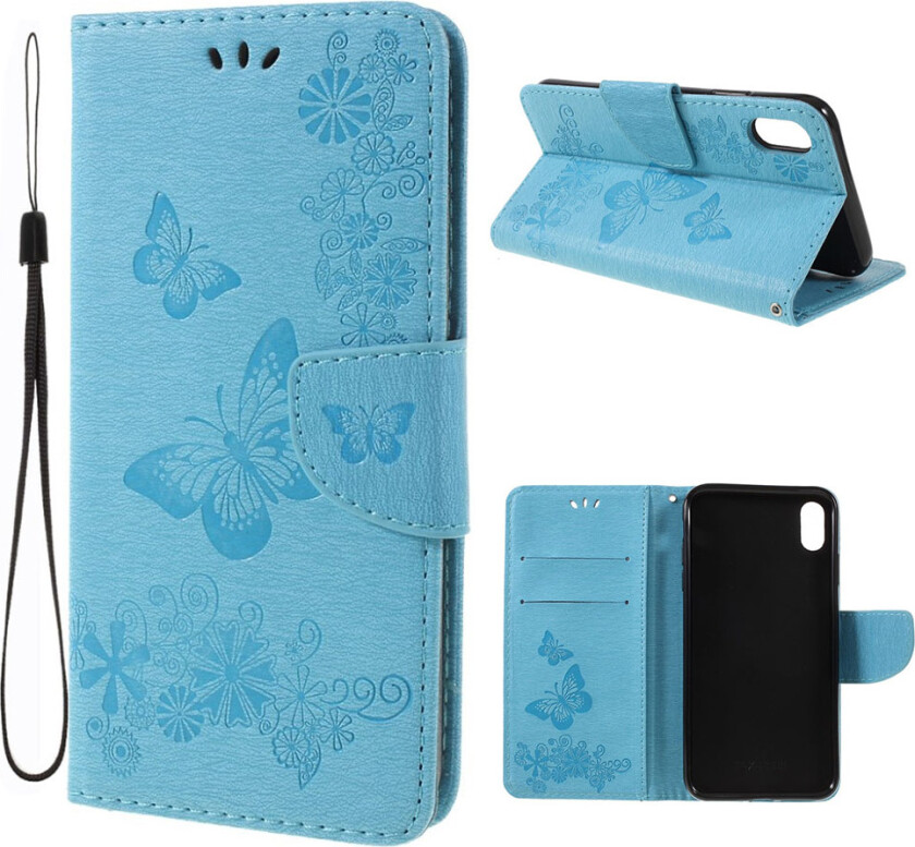 iPhone Xs Max beskyttelses deksel av syntetisk skinn med sommerfugl og blomster avtrykk - blå