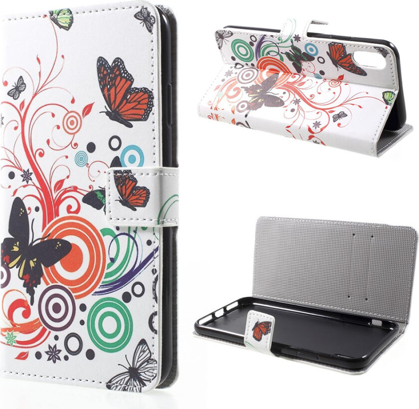 iPhone Xs Max beskyttelses deksel av syntetisk skinn med printet mønster - sommerfugl sirkler