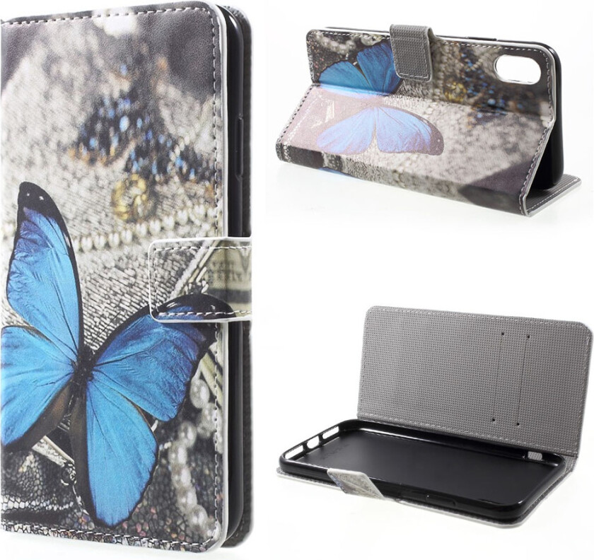 iPhone Xs Max beskyttelses deksel av syntetisk skinn med printet mønster - blå sommerfugl