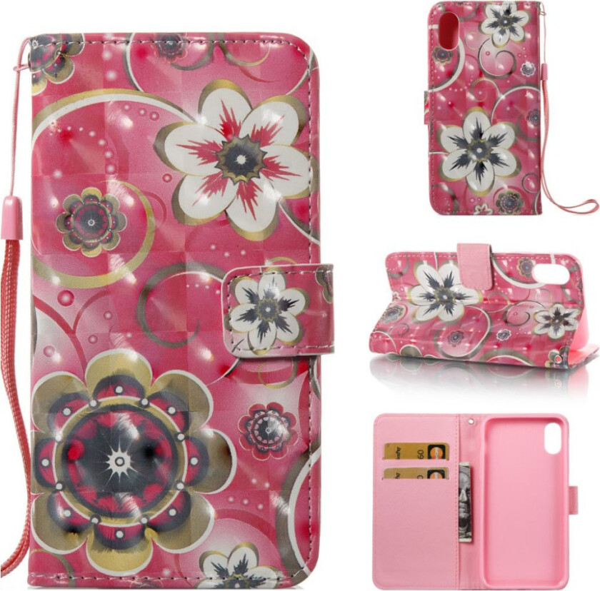 iPhone Xs Max beskyttelses deksel av syntetisk skinn med printet mønster - gull blomster