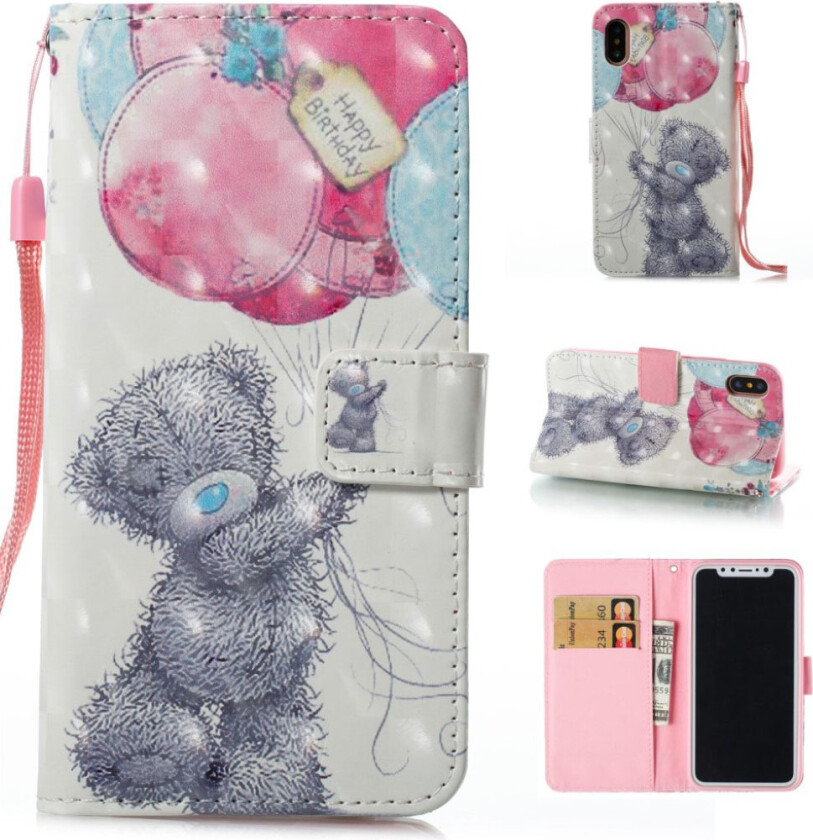 iPhone Xs Max beskyttelses deksel av syntetisk skinn med printet mønster - bjørn holder ballonger