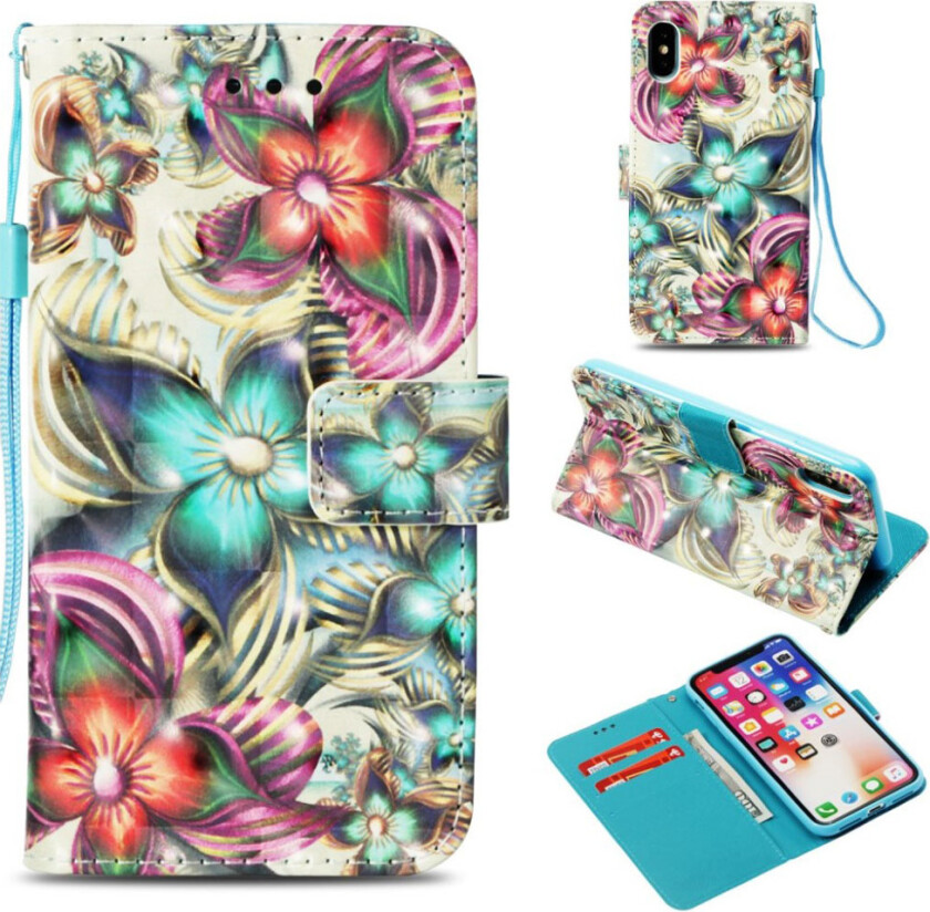 iPhone Xs Max beskyttelses deksel av syntetisk skinn med printet mønster og lyse flekker - fargelagte blomster