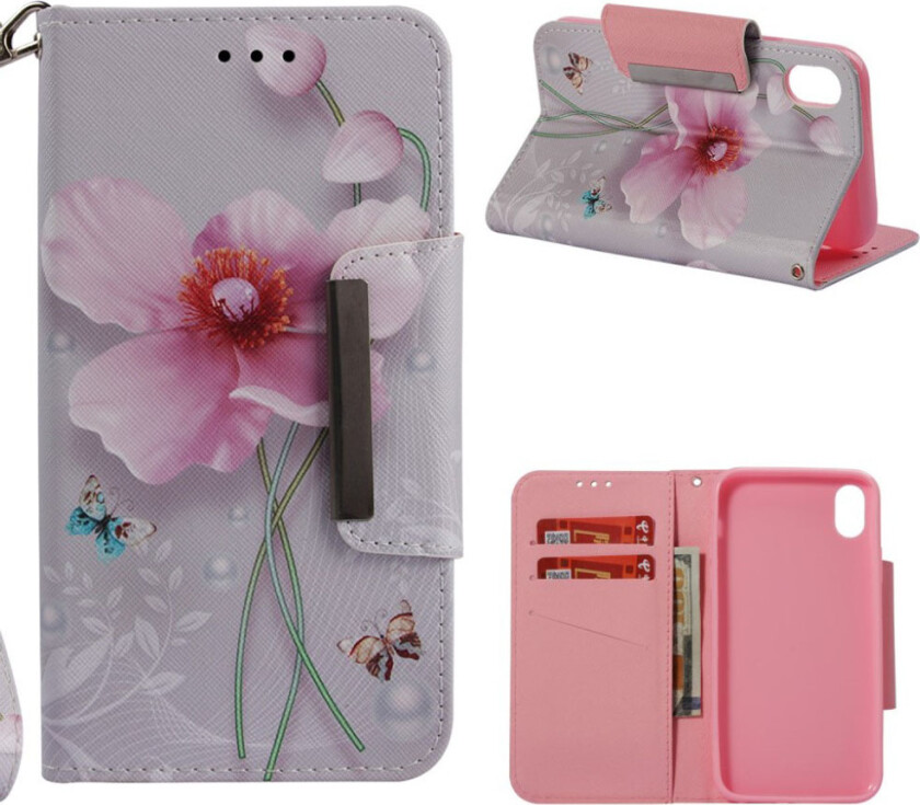 iPhone Xs Max beskyttelses deksel av syntetisk skinn med printet mønster - sommerfugl og blomster