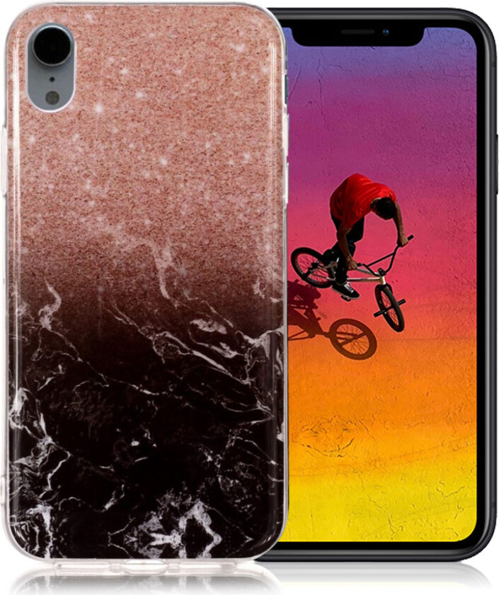 iPhone Xr beskyttelses deksel av silikon og plastikk med IMD printet mønster - svart marmor og glitter pulver