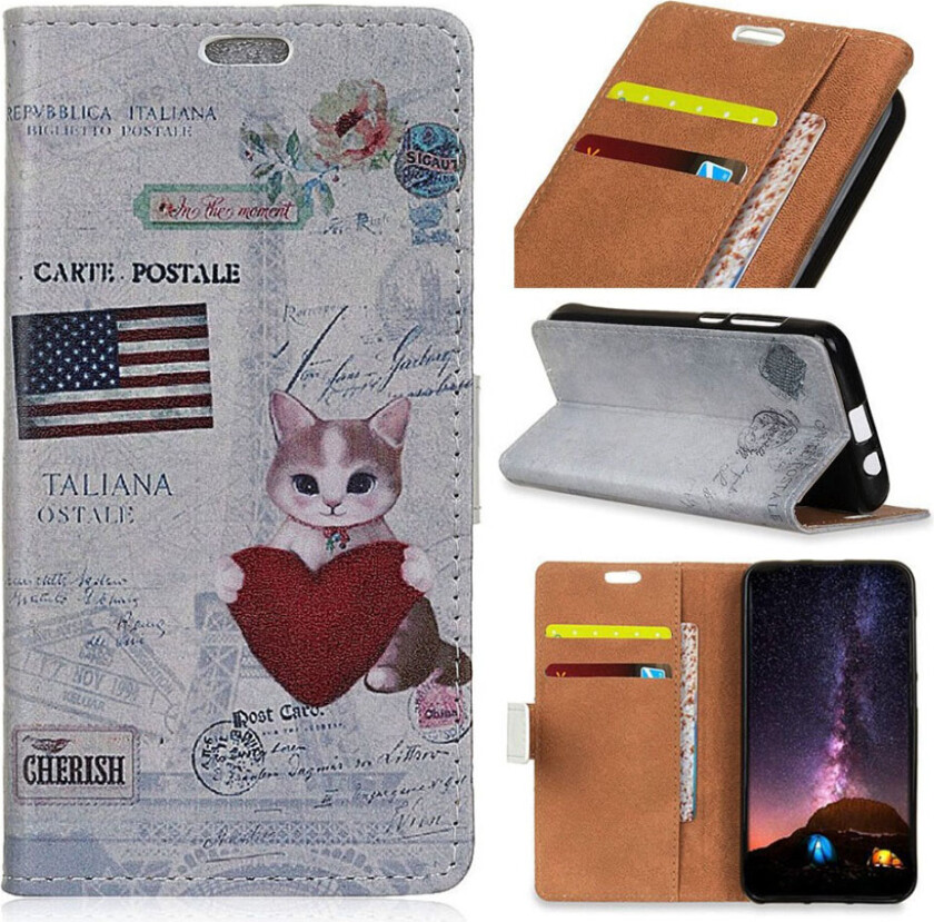 iPhone Xr beskyttelses deksel av syntetisk skinn med printet mønster - US flagg og katt som holder hjerte