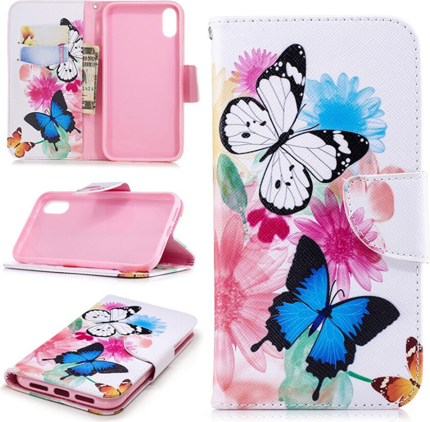 iPhone Xr beskyttelses deksel av syntetisk skinn med printet bilde - sommerfugler og blomster