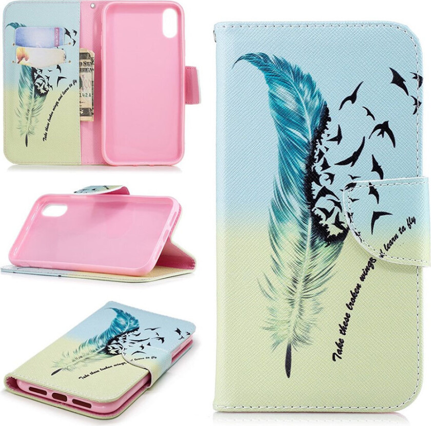 iPhone Xr beskyttelses deksel av syntetisk skinn med printet bilde - fjær mønster