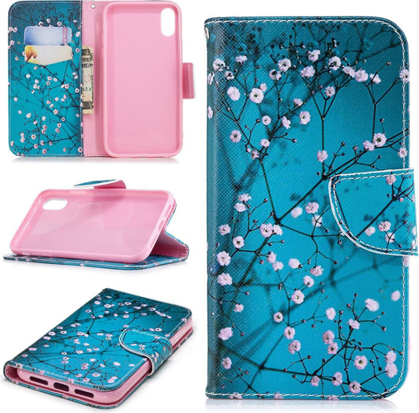 iPhone Xr beskyttelses deksel av syntetisk skinn med printet bilde - tre med blomster