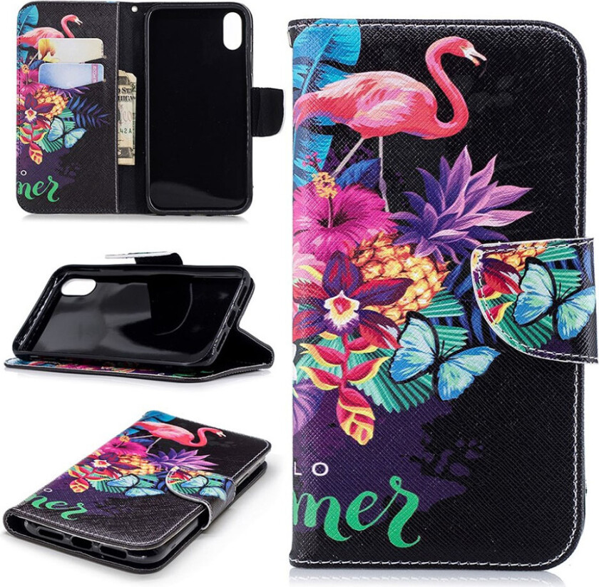 iPhone Xr beskyttelses deksel av syntetisk skinn med printet mønster - flamingo og ananas