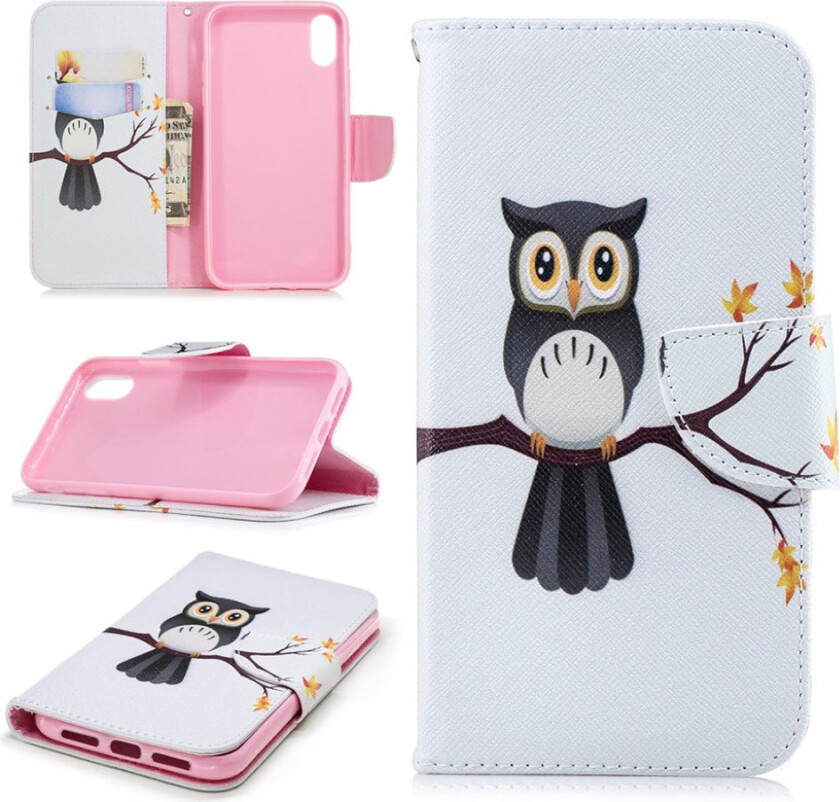 iPhone Xr beskyttelses deksel av syntetisk skinn med printet mønster - ugle på grein