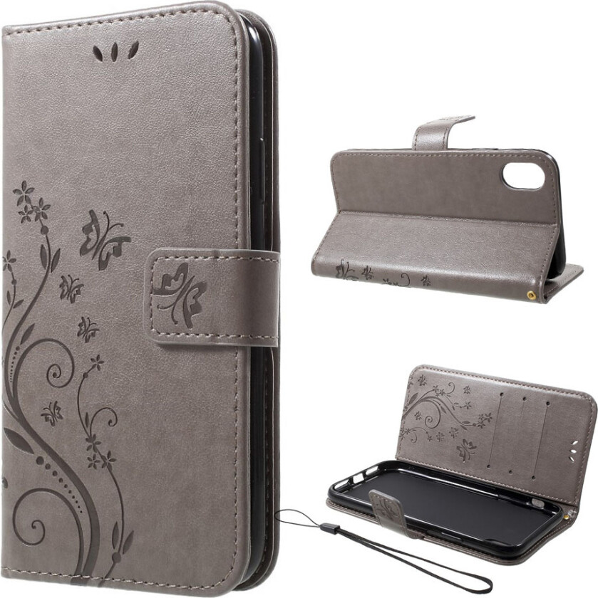 iPhone Xr beskyttelses deksel av syntetisk skinn med sommerfugl og blomster avtykk - grå