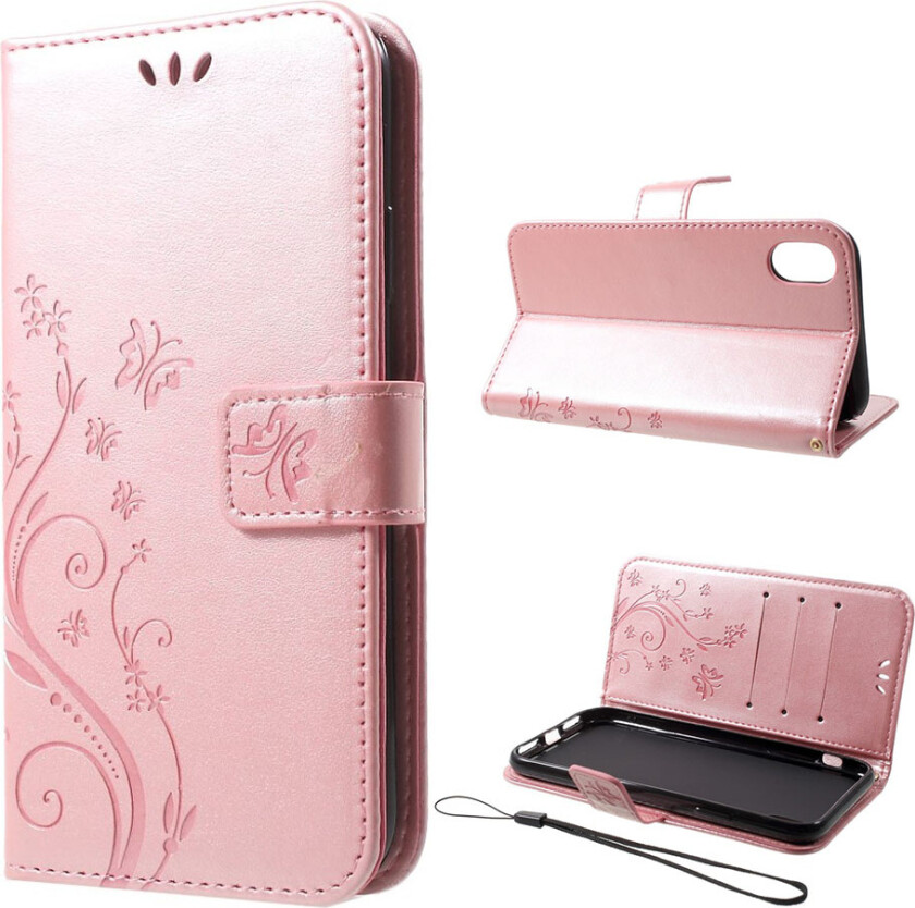 iPhone Xr beskyttelses deksel av syntetisk skinn med sommerfugl og blomster avtykk - rose gull