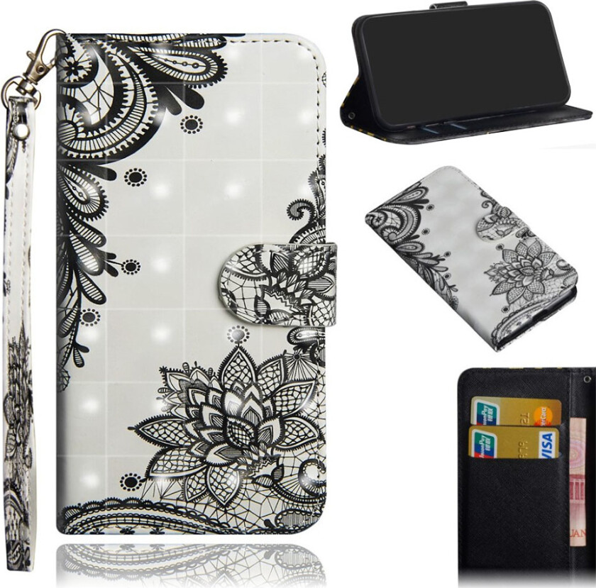 iPhone Xr beskyttelses deksel av syntetisk skinn med printet mønster - svart blomst