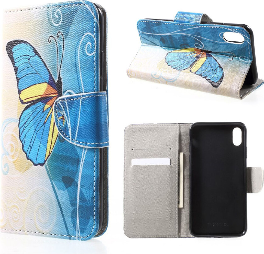 iPhone Xr beskyttelses deksel av syntetisk skinn med printet mønster - blå sommerfugl