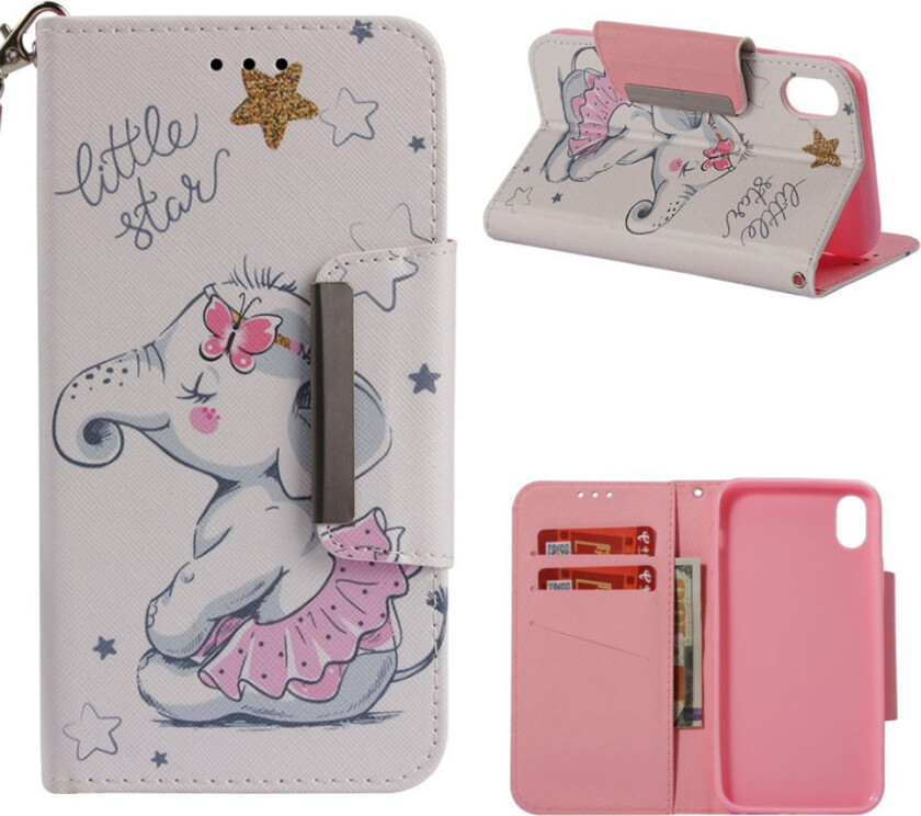 iPhone Xr beskyttelses deksel av syntetisk skinn med printet mønster - søt elefant og stjerner