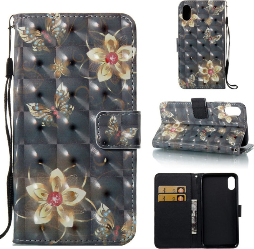 iPhone Xr beskyttelses deksel av syntetisk skinn med printet mønster og lyse flekker - sommerfugl og blomster