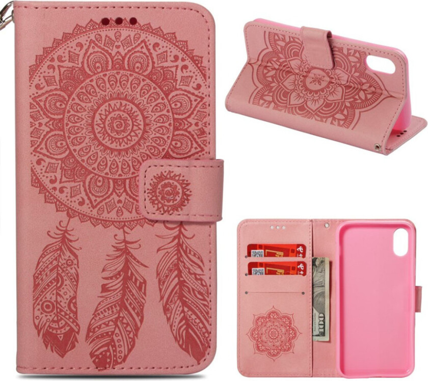 iPhone Xr beskyttelses deksel av syntetisk skinn med drømmefanger avtrykk - rosa