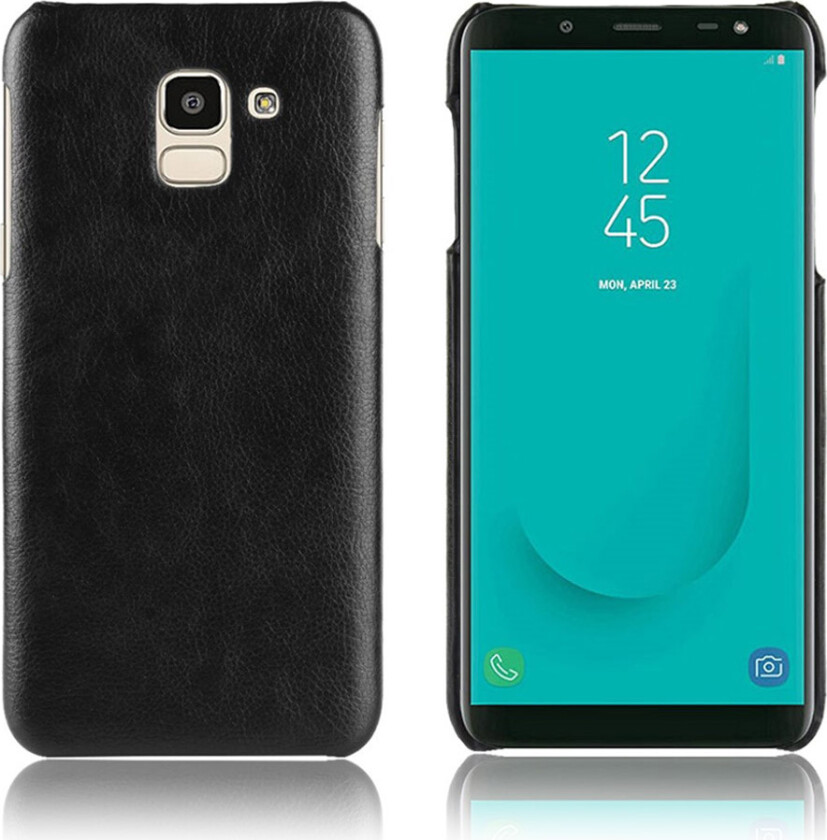 Galaxy J6 beskyttelses deksel av plastikk dekt i syntetisk skinn med litchi tekstur - svart