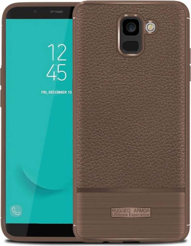 Galaxy J6 beskyttelses deksel av silikon og plastikk med litchi og børstet tekstur - kaffe