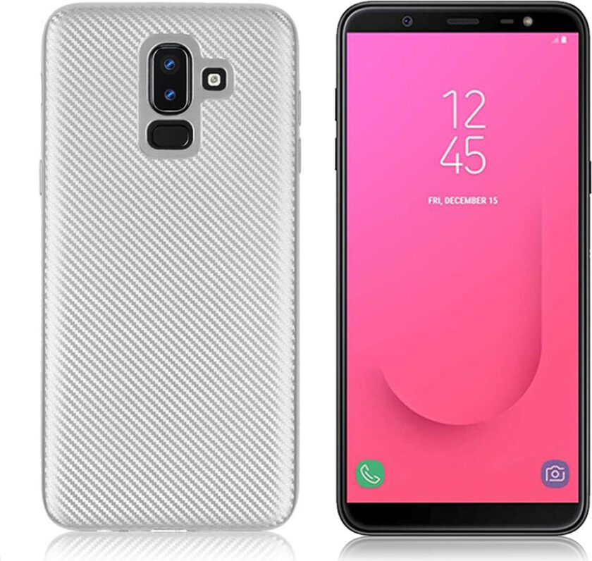 Galaxy J8 beskyttelses deksel av myk silikon og plastikk med karbon fiber tekstur - sølv