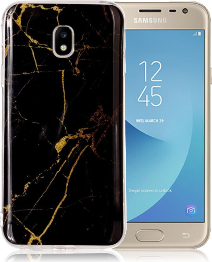 Galaxy J3 IMD beskyttelses deksel av TPU med marmor tekstur - svart og gull