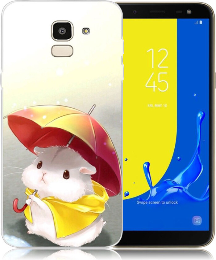 Galaxy J6 beskyttelses deksel av silikon og plastikk med printet mønster - hamster holder paraply