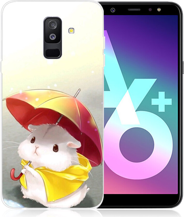 Galaxy A6 Plus beskyttelses deksel av silikon og plastikk med printet mønster - hamster holder paraply