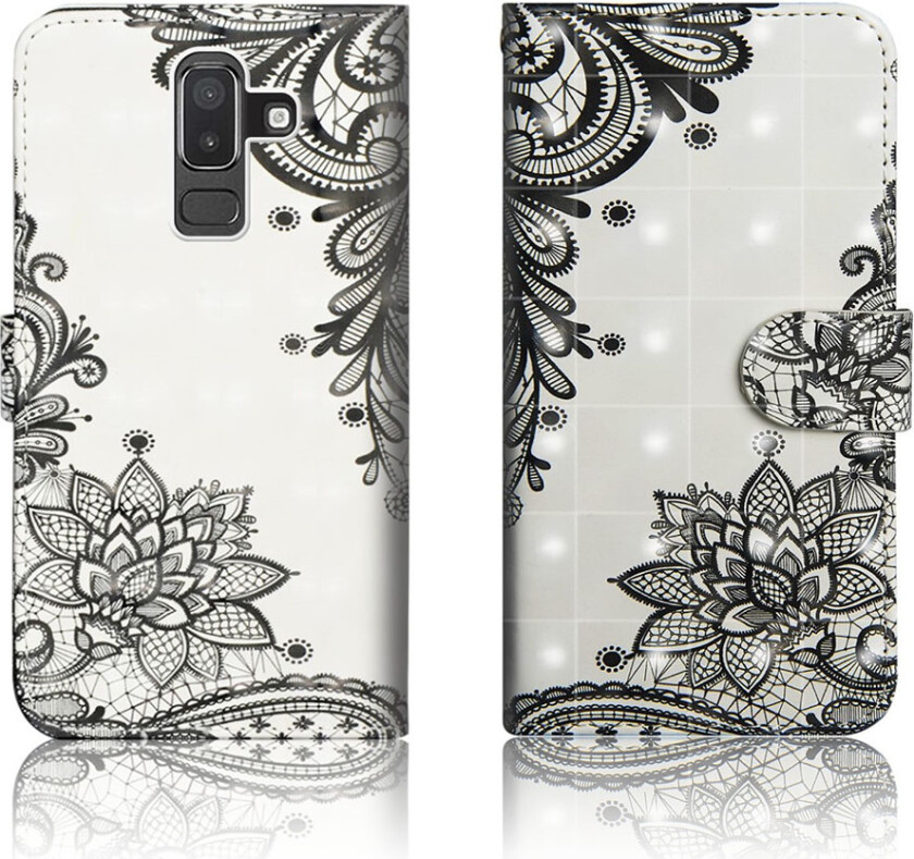 Galaxy J8 beskyttelses deksel av syntetisk skinn med printet mønster - svart blomst