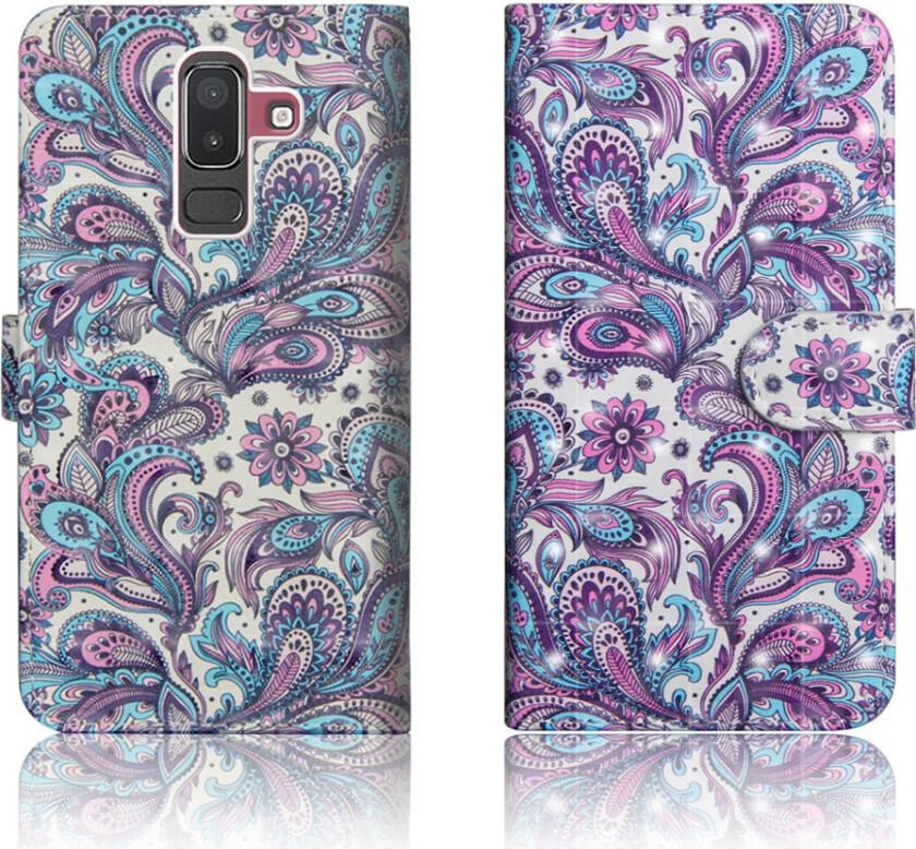 Galaxy J8 beskyttelses deksel av syntetisk skinn med printet mønster - fargelagte blomster