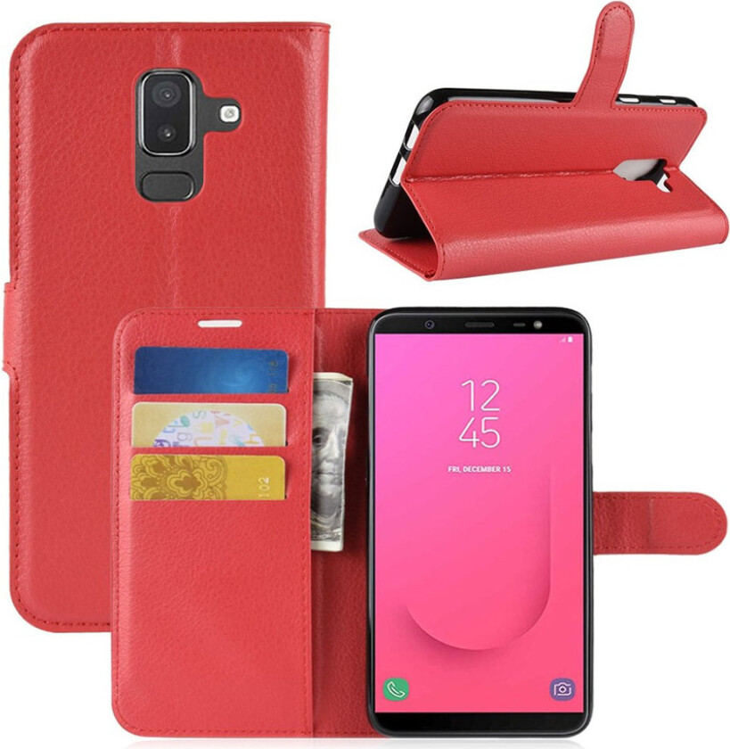 Galaxy J8 beskyttelses deksel av syntetisk skinn med litchi tekstur - rød