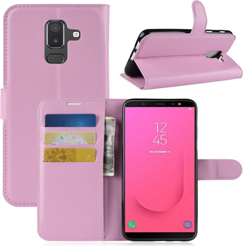 Galaxy J8 beskyttelses deksel av syntetisk skinn med litchi tekstur - rosa