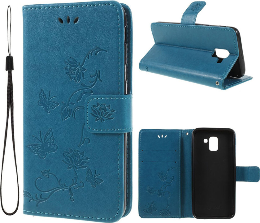 Galaxy J6 beskyttelses deksel av syntetisk skinn med sommerfugl avtrykk - blå