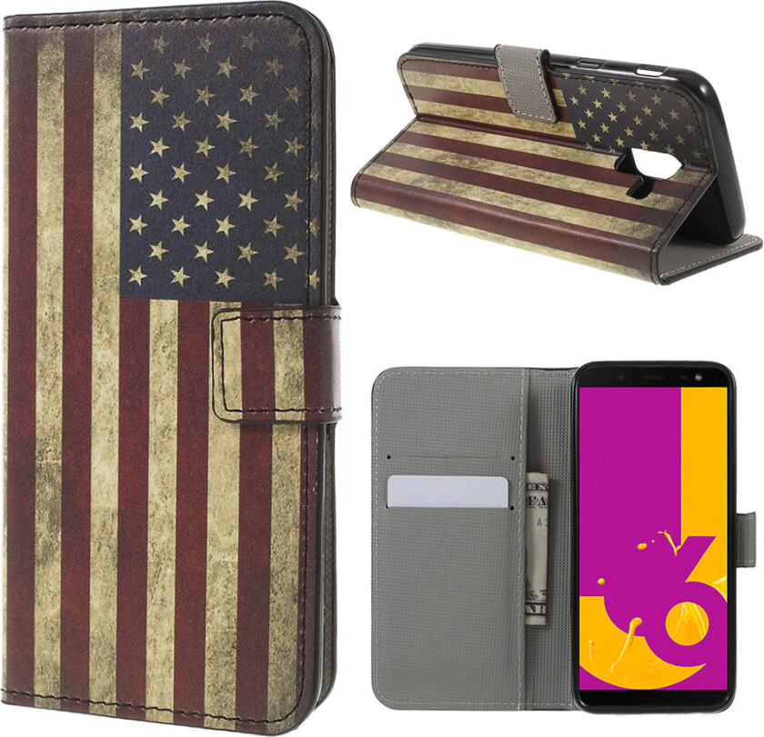 Galaxy J6 beskyttelses deksel av syntetisk skinn med printet mønster - Retro USA Flagg