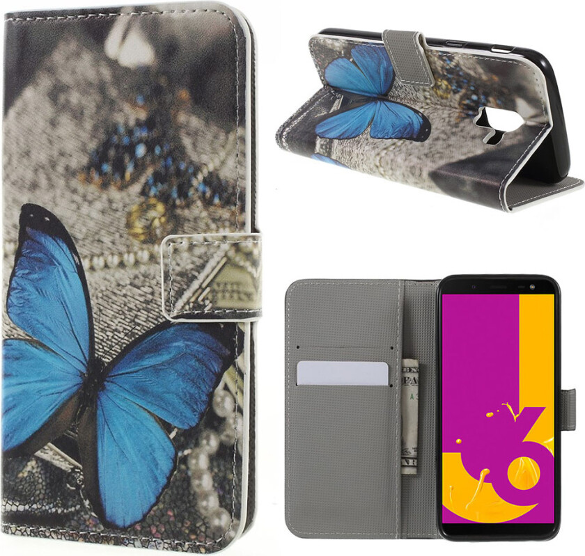 Galaxy J6 beskyttelses deksel av syntetisk skinn med printet mønster - blå sommerfugl