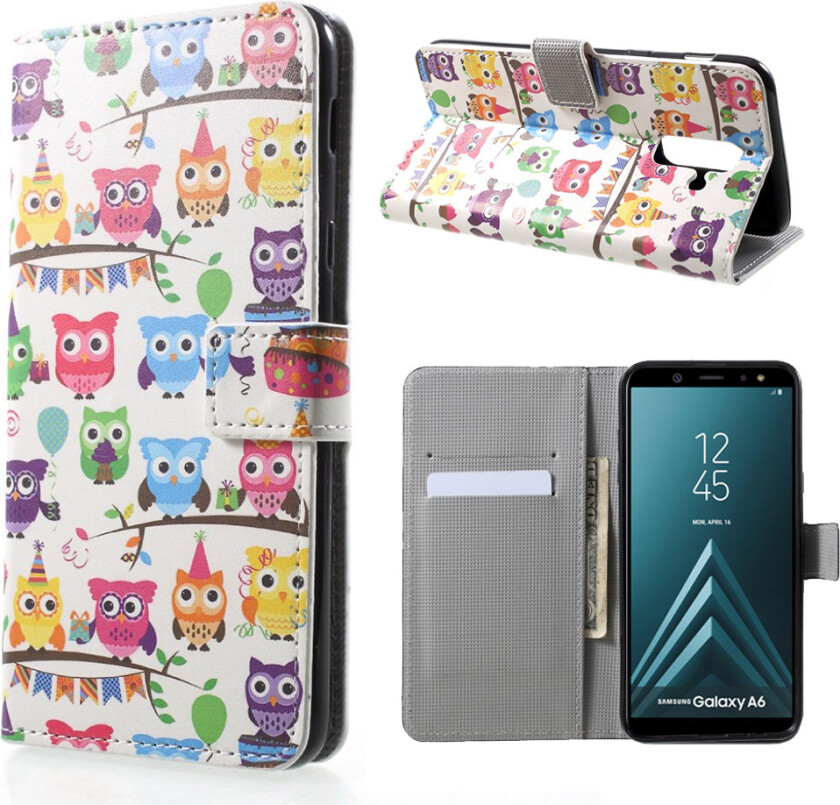 Galaxy A6 beskyttelses deksel av syntetisk skinn med printet bilde - ugle familie