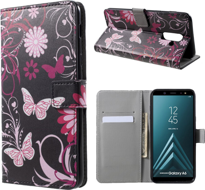 Galaxy A6 beskyttelses deksel av syntetisk skinn med printet bilde - sommerfugl blomster