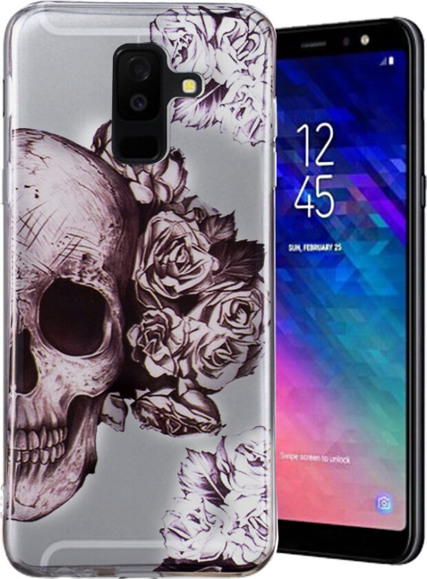 IMD Samsung Galaxy A6 Plus beskyttelses deksel av silikon med printet bilde - hodeskalle og blomst