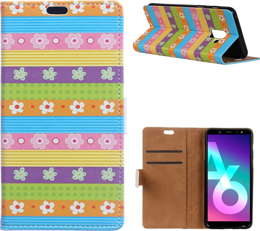 Galaxy A6 beskyttelses deksel i syntetisk skinn med printet bilde - fargerike stripete blomster