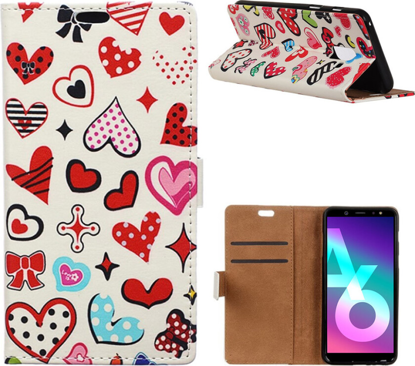 Galaxy A6 beskyttelses deksel i syntetisk skinn med printet bilde - Fargerike hjerter